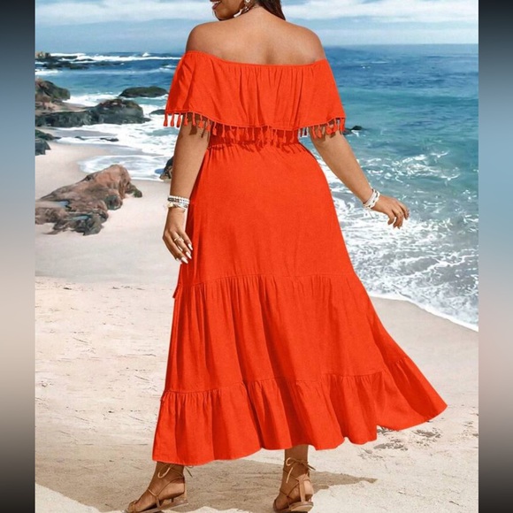 Boho burgundy plus size off shoulder tassel detail maxi dress - Picture 13 of 16